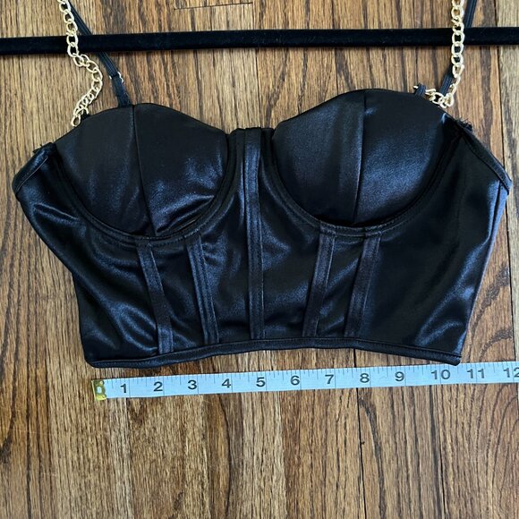 Tops - Black Bustier Corset Womens Crop Top with Gold Chain Adjustable Straps